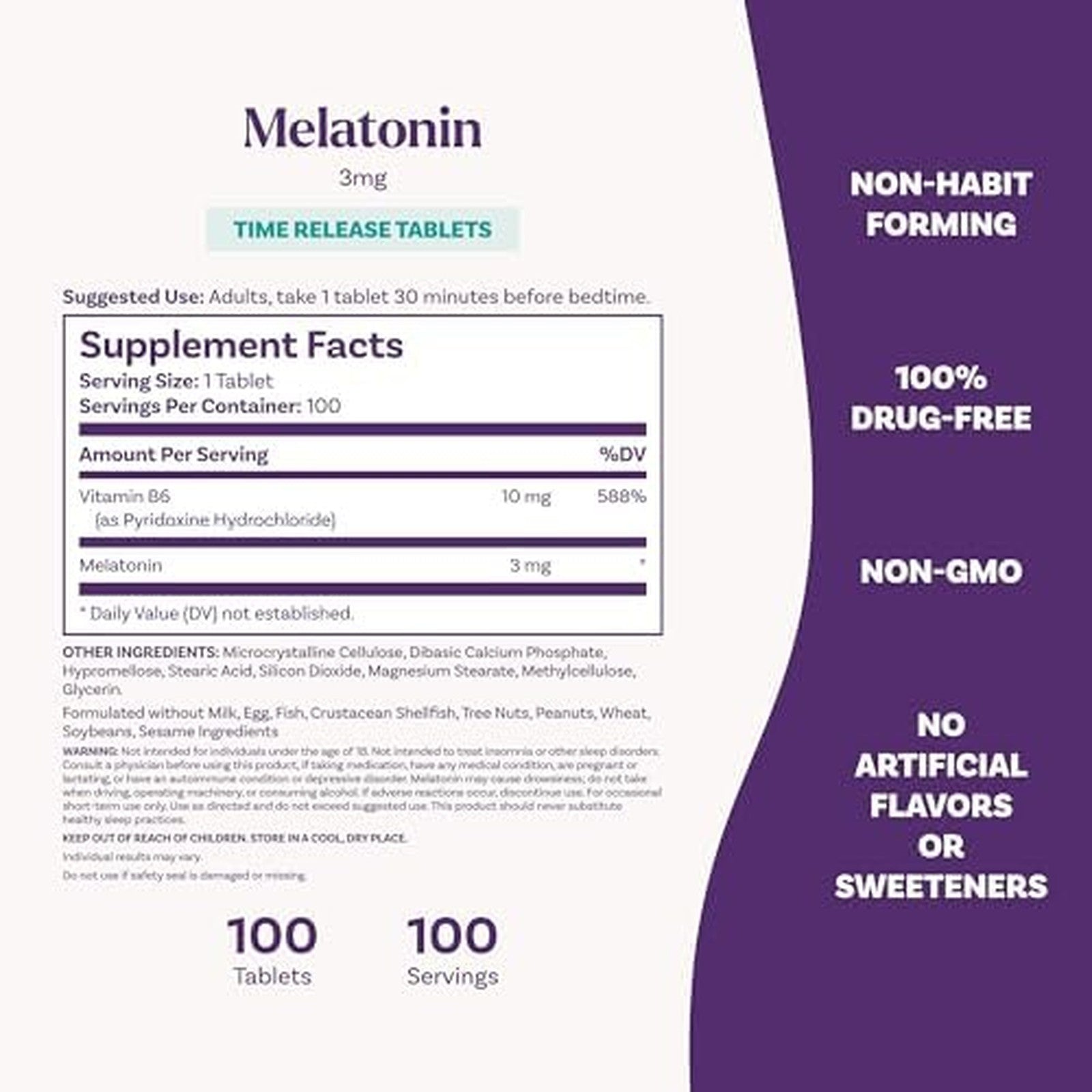 Natrol Melatonin 3mg Time Release 100 Tablets Supplement Facts