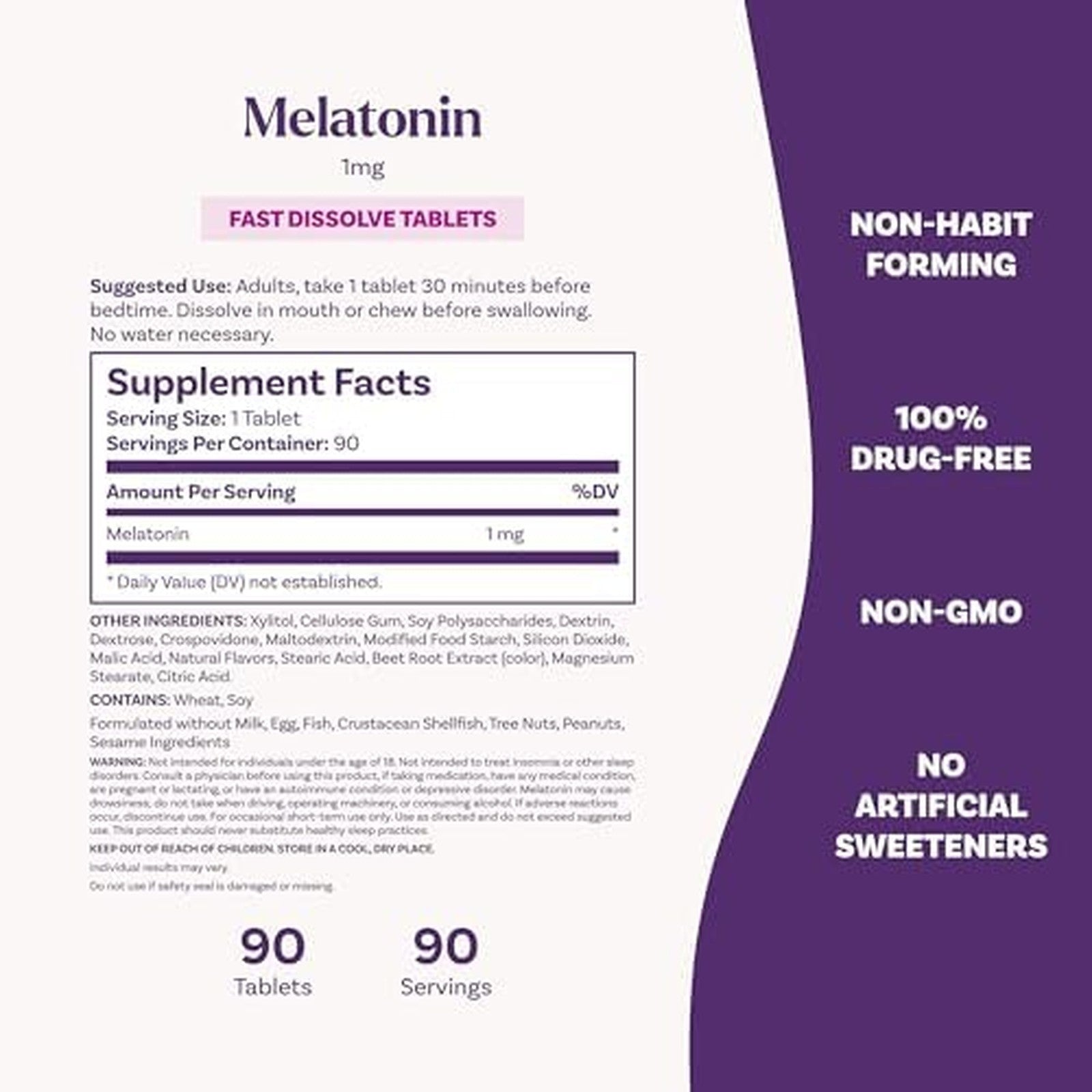 Natrol Melatonin 1mg Fast Dissolve 90 Tablets Supplement Facts