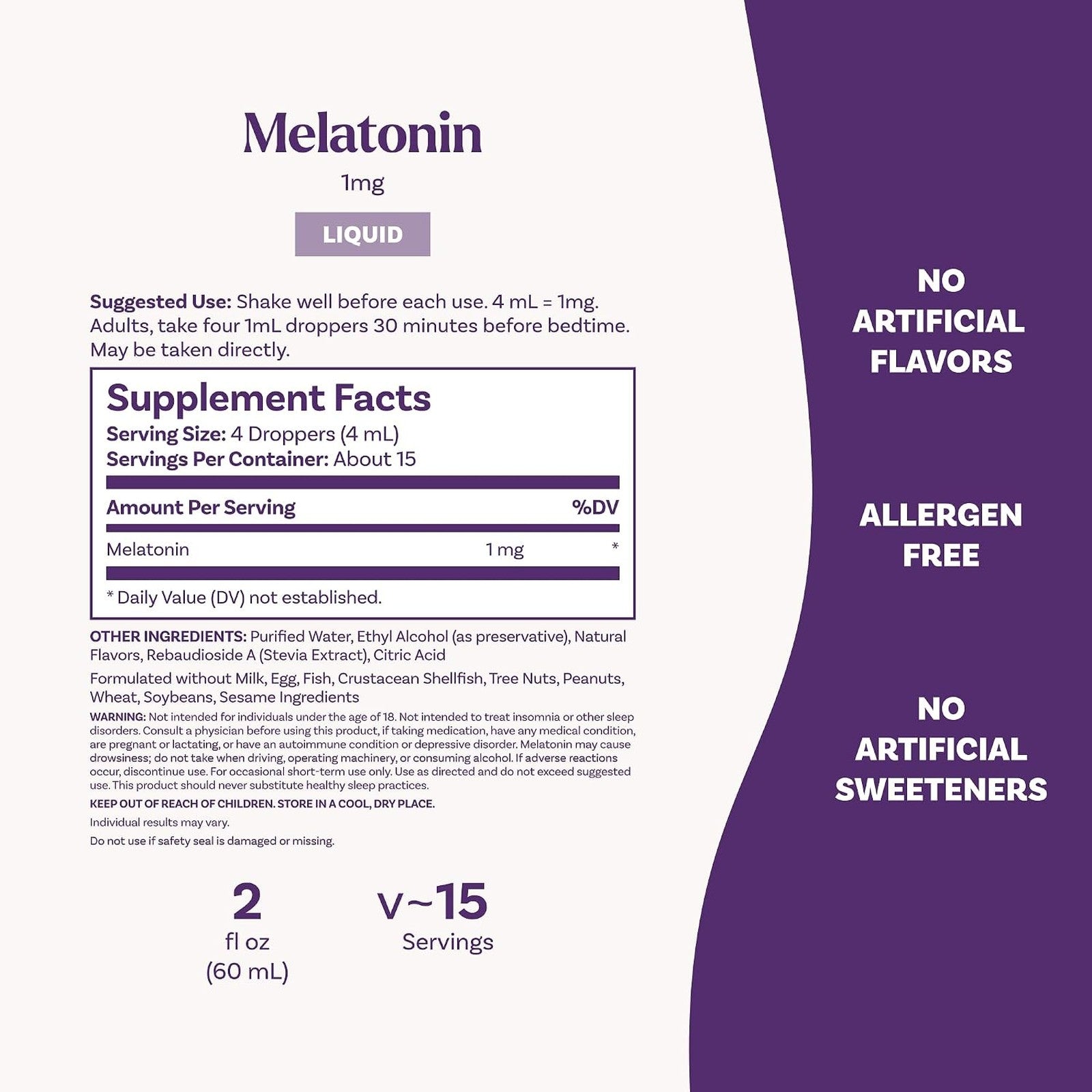 Natrol Liquid Melatonin 1mg Berry 2 fl oz Supplement Facts