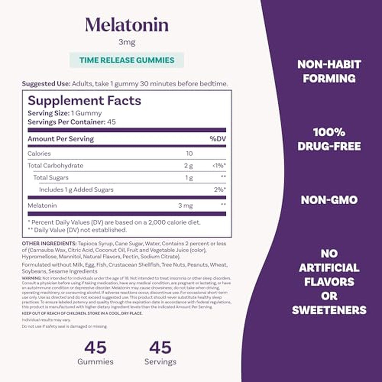 Natrol Melatonin 3mg Time Release 45 Gummies Supplement Facts