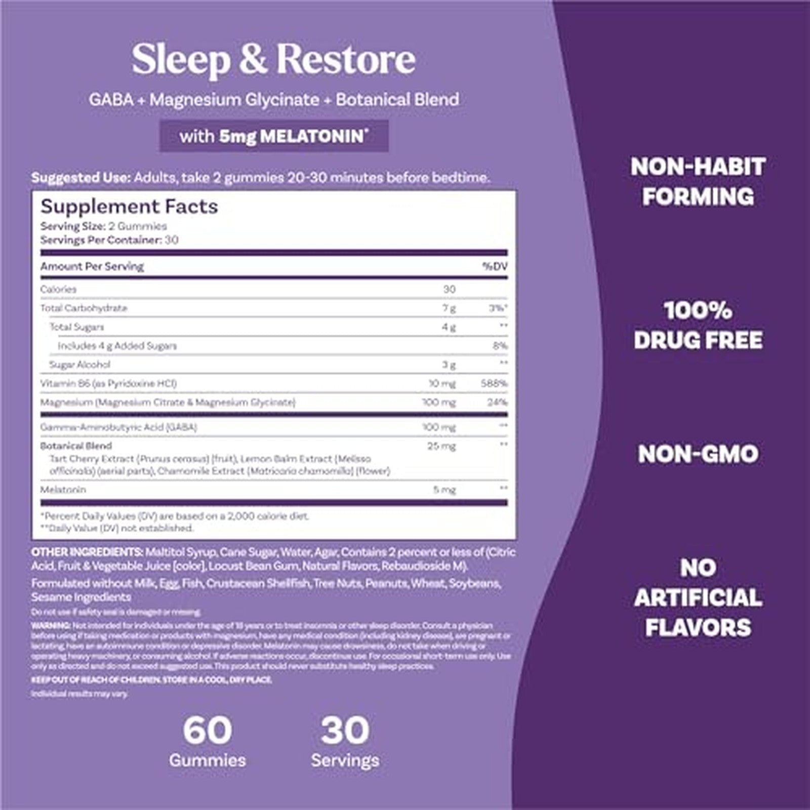 Natrol Sleep and Restore with Melatonin 60 Gummies Supplement Facts