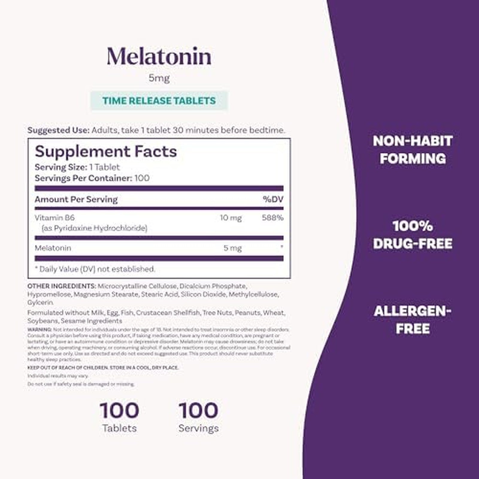 Natrol Melatonin 5mg Time Release 100 Tablets Supplement Facts