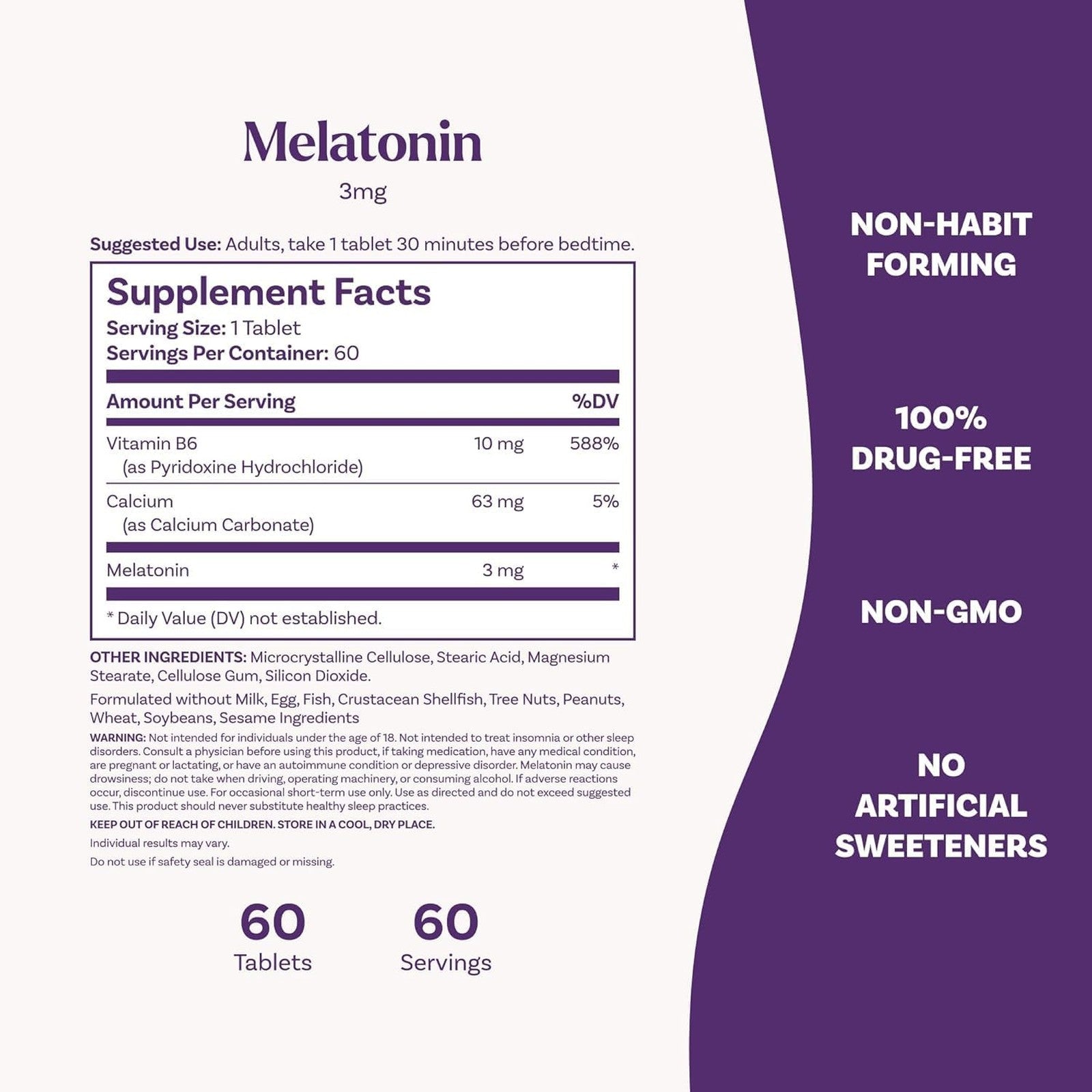Natrol Melatonin 3mg 60 Tablets Supplement Facts
