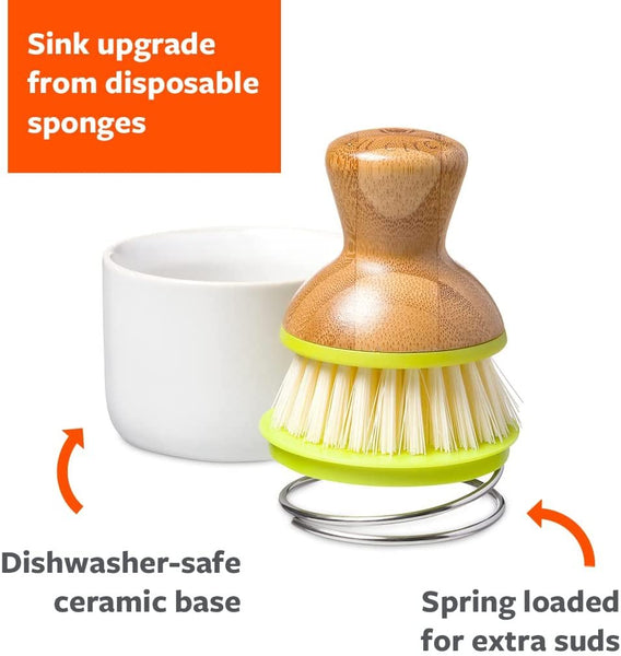 Full Circle Bubble Up ceramic soap dispenser & dish brush set, White Dish, Green Brush