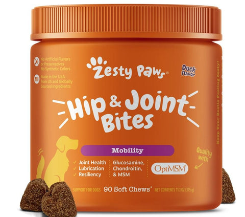 ZESTY PAWS - Hip & Joint Mobility Bites for Dogs Duck Flavor - 90 Soft Chews