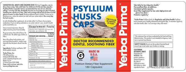 YERBA PRIMA - Psyllium Husks Caps - 180 Capsules