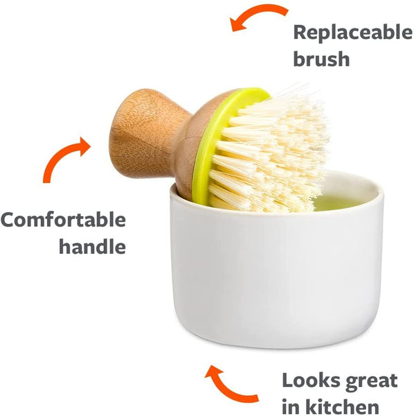 Full Circle Bubble Up ceramic soap dispenser & dish brush set, White Dish, Green Brush