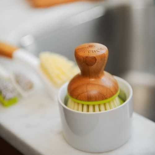 Full Circle Bubble Up ceramic soap dispenser & dish brush set, White Dish, Green Brush