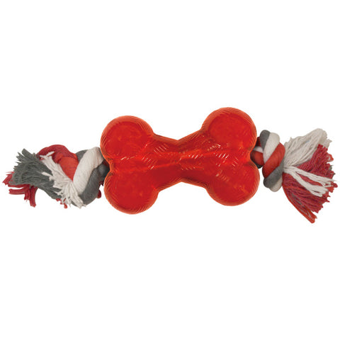 SPOT - Rubber Bone with Rope Dog Toy Red Medium