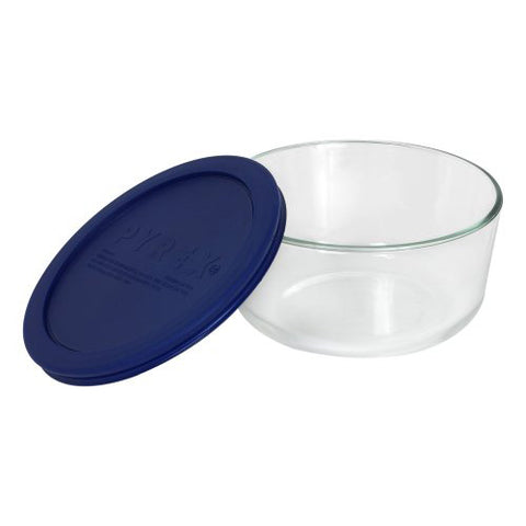 PYREX - 4-Cup Round Glass Dish with Blue Plastic Lid