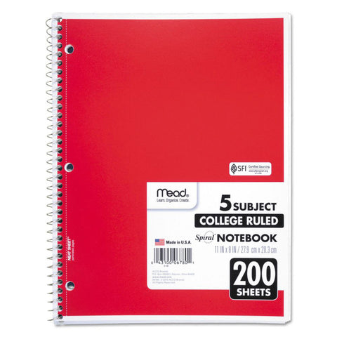 MEAD - College Ruled 5 Subject Spiral Notebook 8-1/2" x 11" White