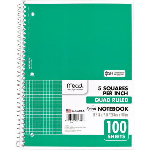 MEAD - Quad Ruled Spiral Notebook 8" x 10 1/2"
