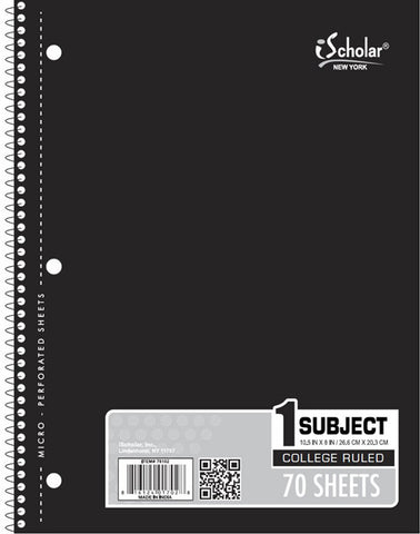 iSCHOLAR - 1-Subject Wirebound Notebook College Ruled 10.5 x 8-Inches