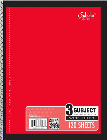 iSCHOLAR - 3-Subject Wirebound Notebook Wide Ruled 10.5 x 8-Inches