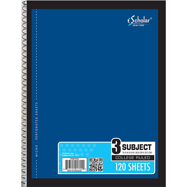 iSCHOLAR - 3-Subject Wirebound Notebook College Ruled, 10.5" x 8"